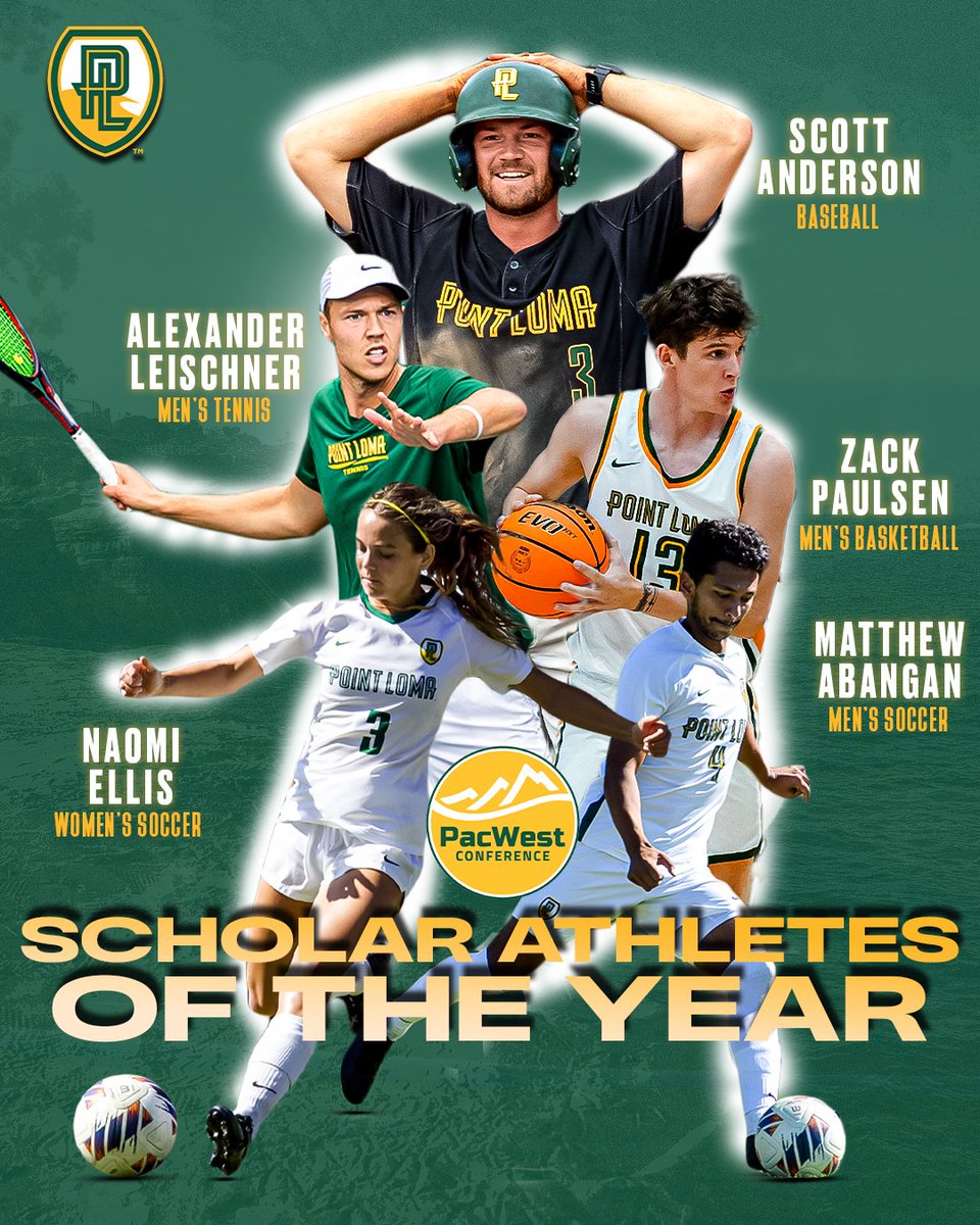 PLNU Sea Lions (@plnusealions) on Twitter photo Point Loma leads <a href="/ThePacWest/">PacWest Conference</a> with 5β£ PacWest Scholar Athletes of the Year.
- Scott Anderson (Baseball)
- Alexander Leischner (Men's Tennis)
- Zack Paulsen (Men's Basketball)
- Naomi Ellis (Women's Soccer)
- Matthew Abangan (Men's Soccer)
#GoSeaLions Point Loma leads <a href="/ThePacWest/">PacWest Conference</a> with 5β£ PacWest Scholar Athletes of the Year.
- Scott Anderson (Baseball)
- Alexander Leischner (Men's Tennis)
- Zack Paulsen (Men's Basketball)
- Naomi Ellis (Women's Soccer)
- Matthew Abangan (Men's Soccer)
#GoSeaLions
