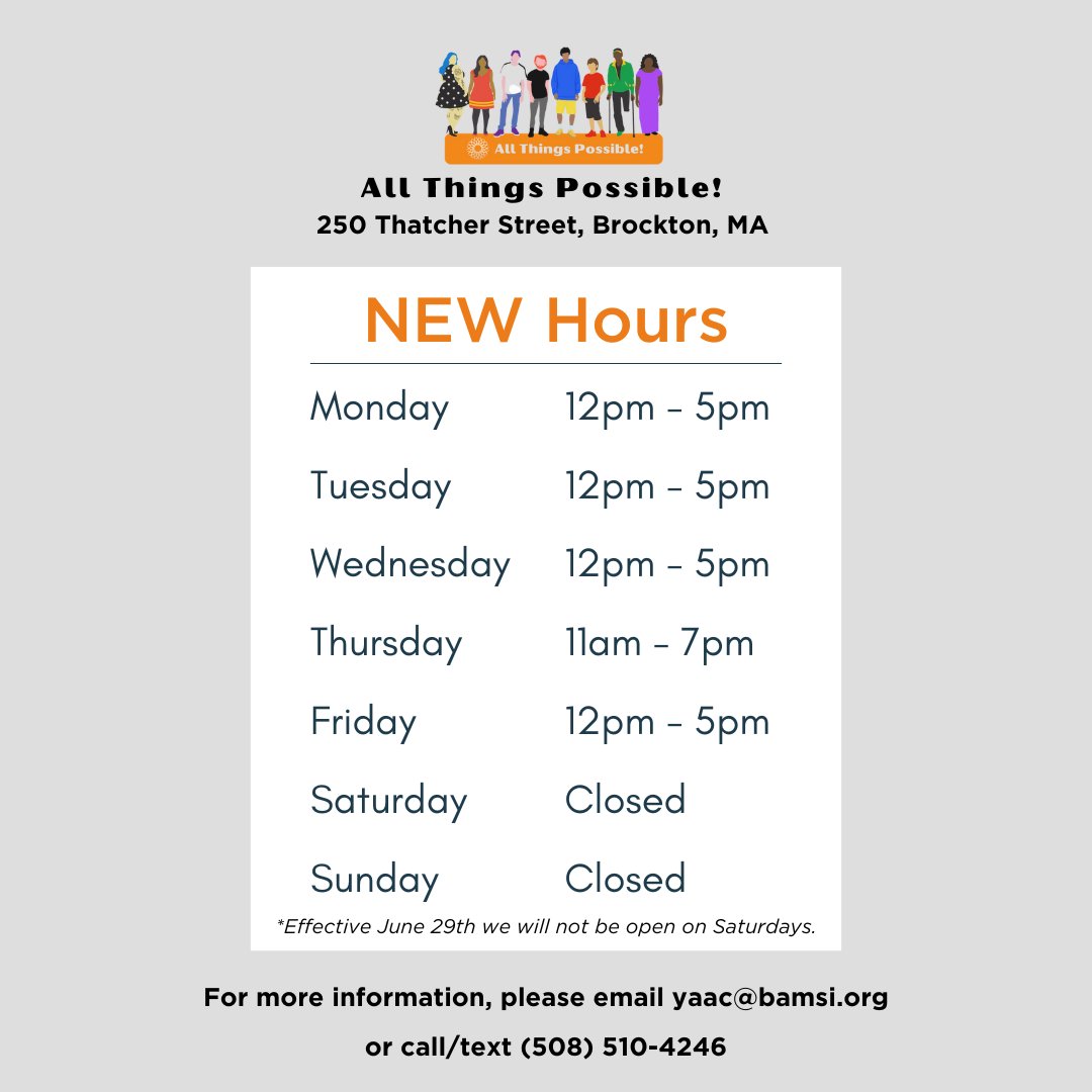 SpeakingofHope's tweet photo. All Things Possible Summer Hours are effective June 29th. 
🗓️Monday  12pm-5pm
🗓️Tuesday  12pm-5pm
🗓️Wednesday  12pm-5pm
🗓️Thursday  11am-7pm
🗓️Friday 12pm-5pm

For more information about All Things Possible, email yaac@bamsi.org or call 508-510-4246. https://t.co/NF0Yev2TsY