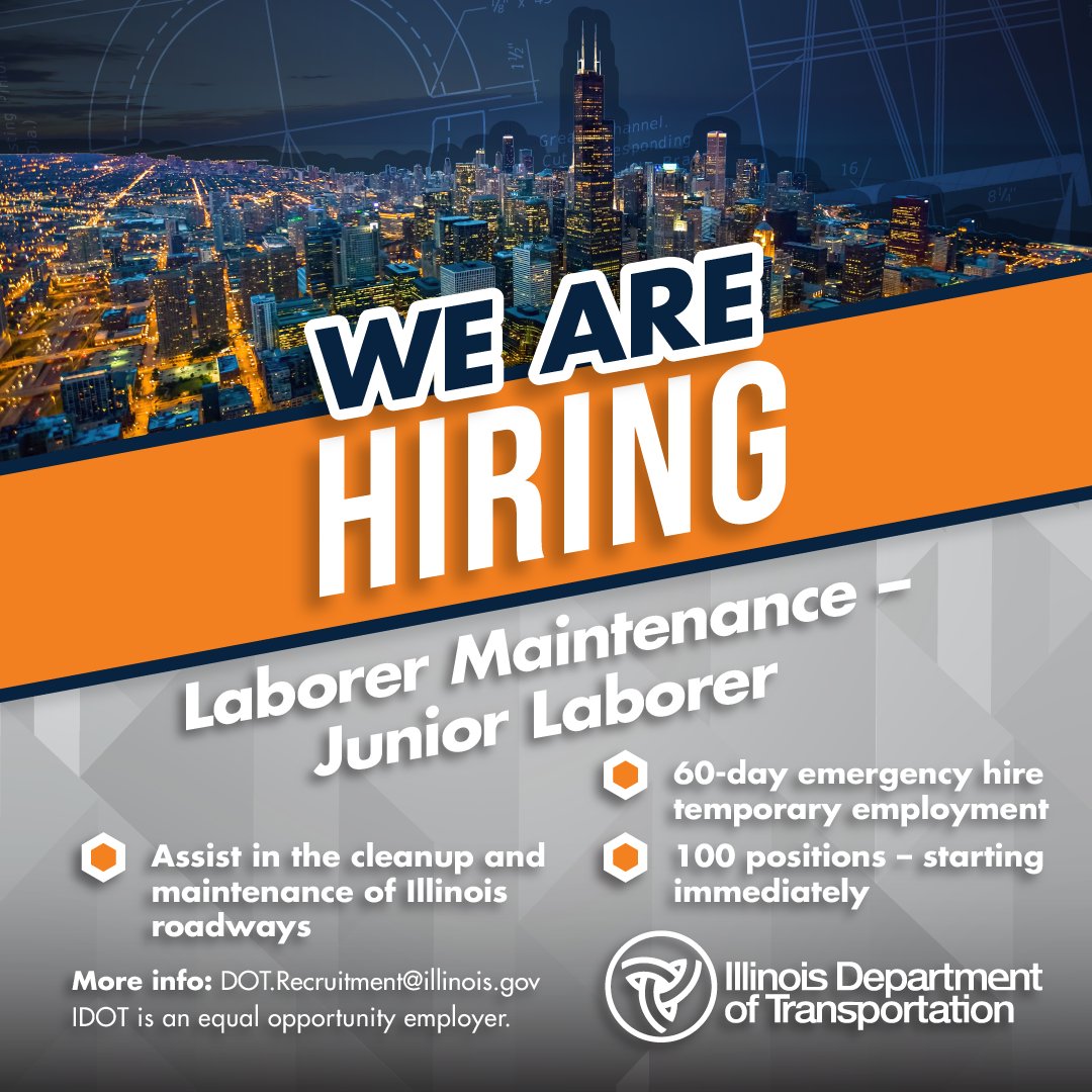 IDOT_Illinois's tweet photo. IDOT is seeking to hire junior laborers for immediate employment in the Chicagoland area. The ideal candidate will have one year of previous work experience, be punctual and be willing to start immediately. For more information and to apply, visit https://t.co/SPIauIgVRW. https://t.co/T7TfEb5HJj