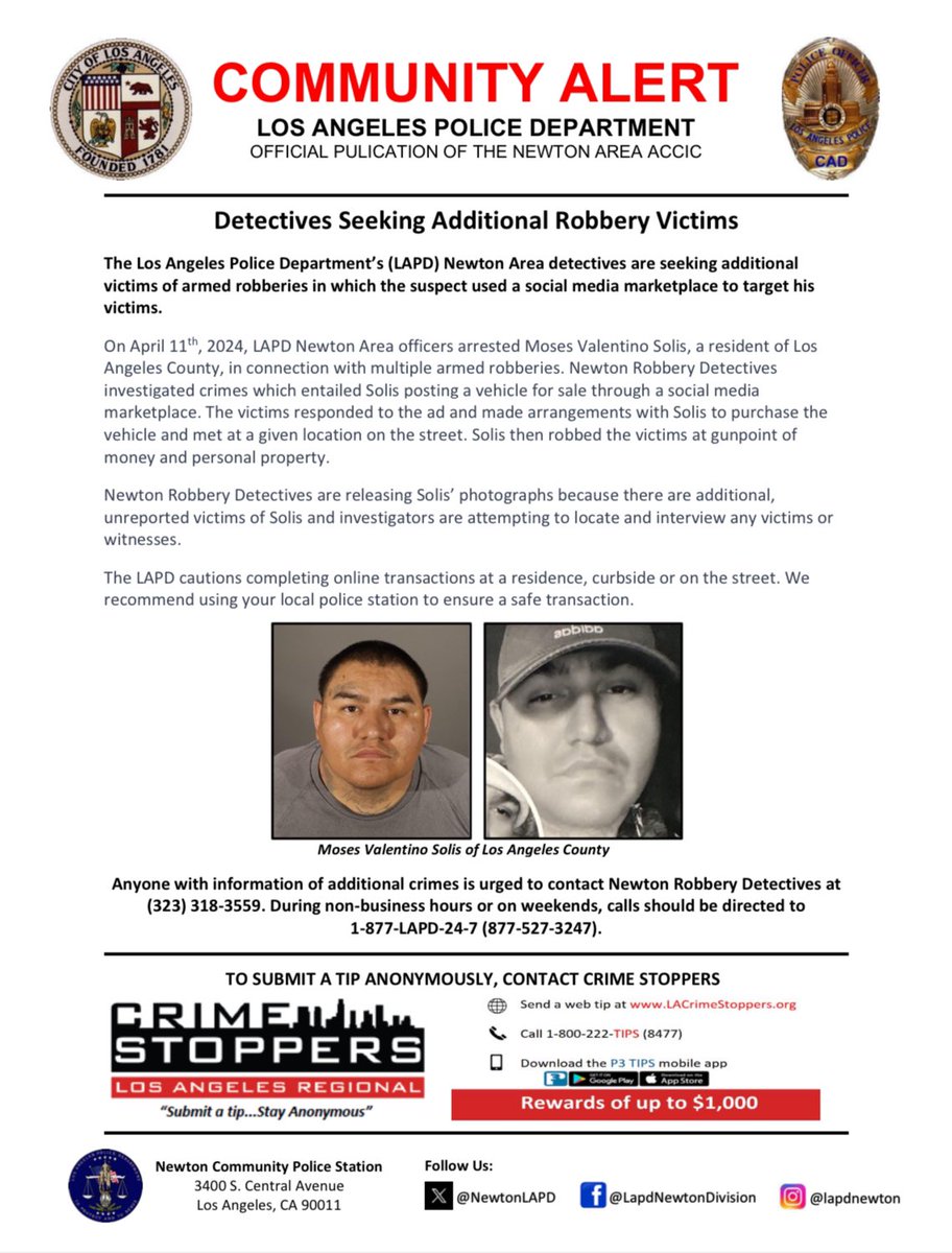 NewtonLAPD's tweet image. Attention, community! We’ve seen a concerning spike in robberies linked to in-person transactions arranged through online platforms like OfferUp and Marketplace. To help keep you safe, LAPD Newton Division has designated our station as a “Safe Place” for these exchanges.