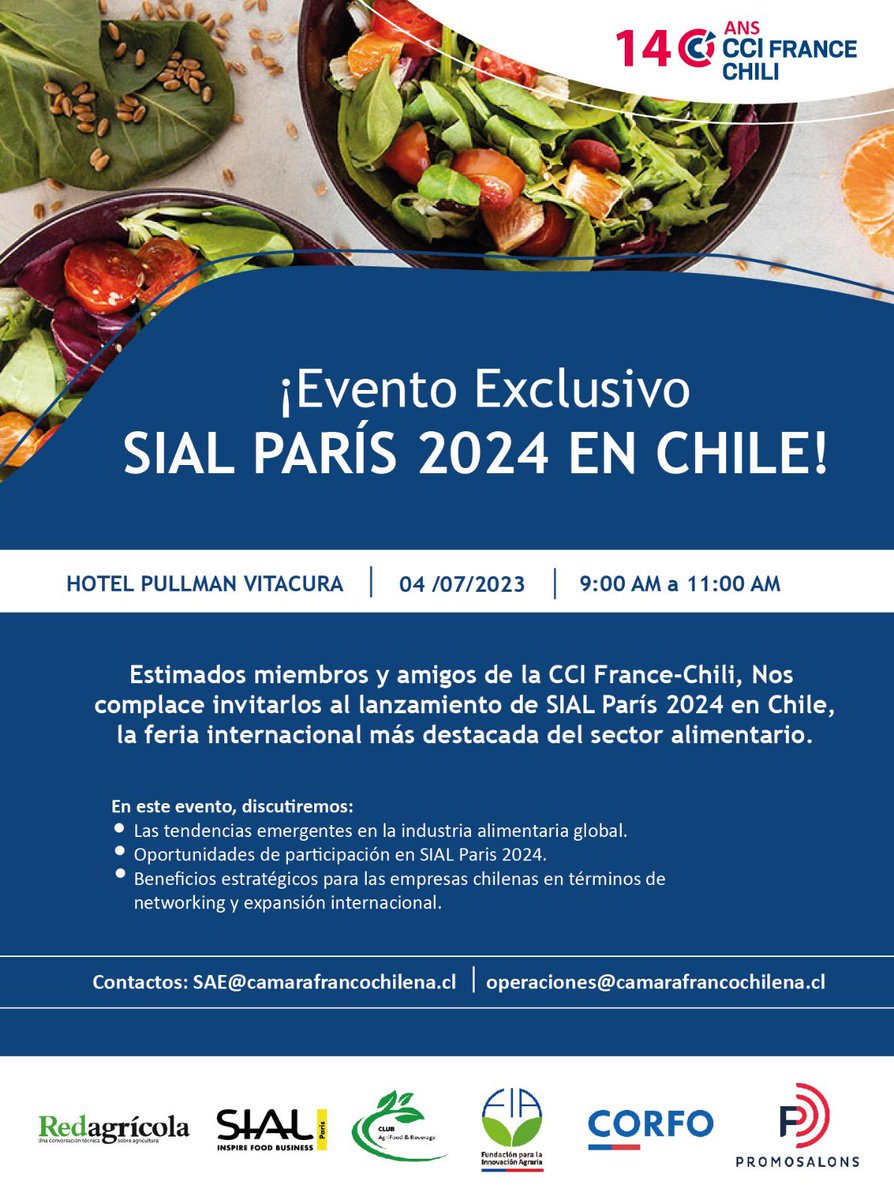 ¡SIAL París 2024 en Chile! 🍽️🇫🇷 

El #ClubFoodandBeverage de <a href="/CCIFranceChili/">CámaraFrancoChilena</a> llevará a cabo el lanzamiento de SIAL París 2024, la feria internacional líder del sector alimentario. 

📅 04 julio 📍Hotel Pullman Vitacura 🕘 09:00 hrs

💻CUPOS LIMITADOS: SAE@camarafrancochilena.cl