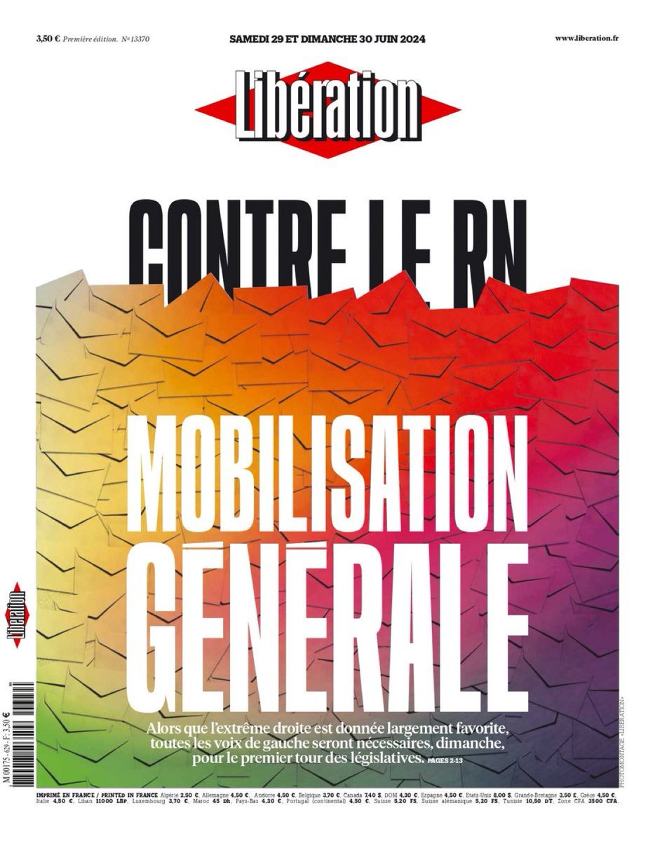 AlertesInfos's tweet photo. 📸📰 "Contre le RN, mobilisation générale" : la Une de Libération ce week-end. https://t.co/d8brz1AJna