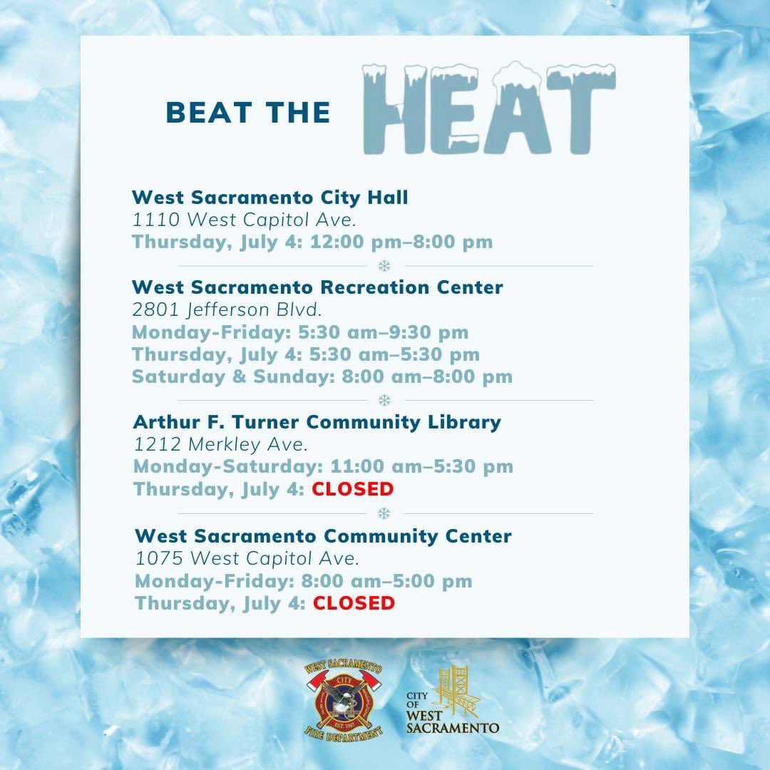 ☀️ It’s going to be hot next week with temperatures forecast by
<a href="/NWSSacramento/">NWS Sacramento</a> to be in the low 100’s.

<a href="/WestSacFire/">WestSacFire</a> &amp; <a href="/WestSacFun/">West Sacramento Parks & Recreation</a> have provided the cooling locations below to the public during regular business hours &amp; on 7/4.

For more info, visit wsac.city/beat-the-heat