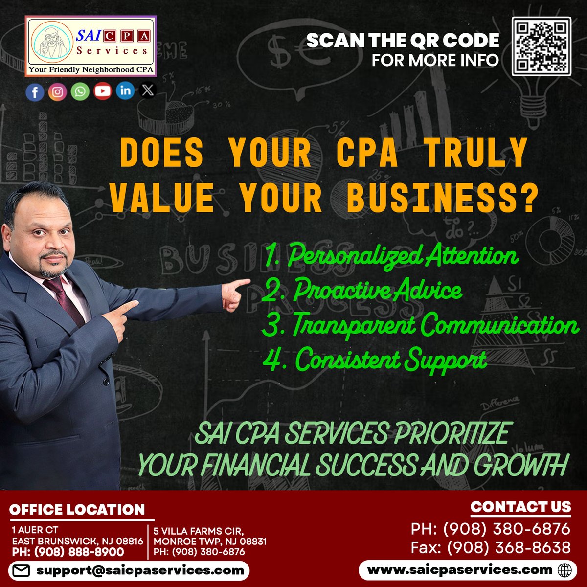 SaiCPA's tweet image. SAI CPA SERVICES PRIORITIZE Volume YOUR FINANCIAL SUCCESS AND GROWTH

Contact Us: saicpaservices.com
(908) 380-6876

#SaiCPAServices #PersonalizedAttention #ProactiveAdvice #TransparentCommunication #ConsistentSupport #BusinessGrowth