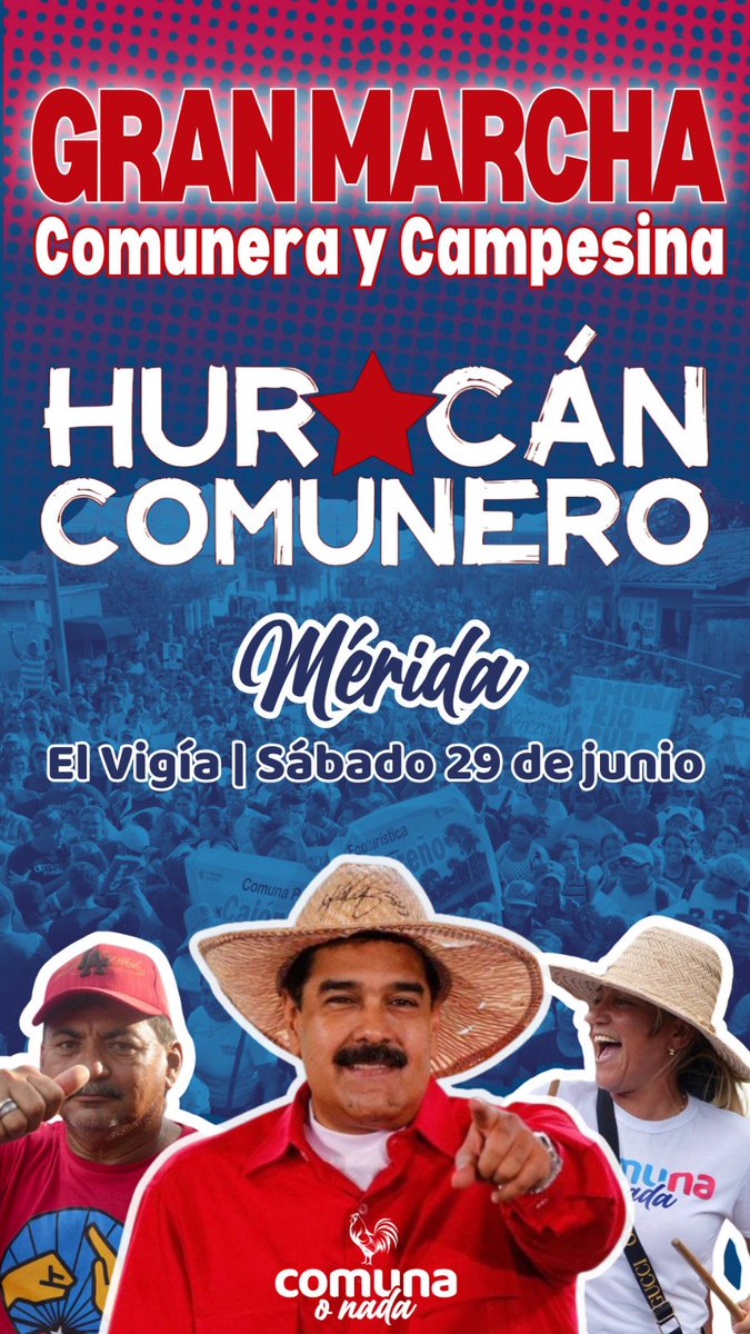 HechoEnComuna's tweet image. 🌪️🌾 Este 29 de junio, el #HuracánComunero arrasará con alegría en El Vigía. Únete a la Gran Marcha Comunera Campesina 👩🏽‍🌾🧑🏽‍🌾en apoyo a nuestro Presidente @NicolasMaduro #LaEsperanzaEstáEnLaCalle ¡Nos vemos en Mérida! 🌿🤝 #ConNicoTenemosPaz ¡Pueblo unido que defiende a Venezuela!
