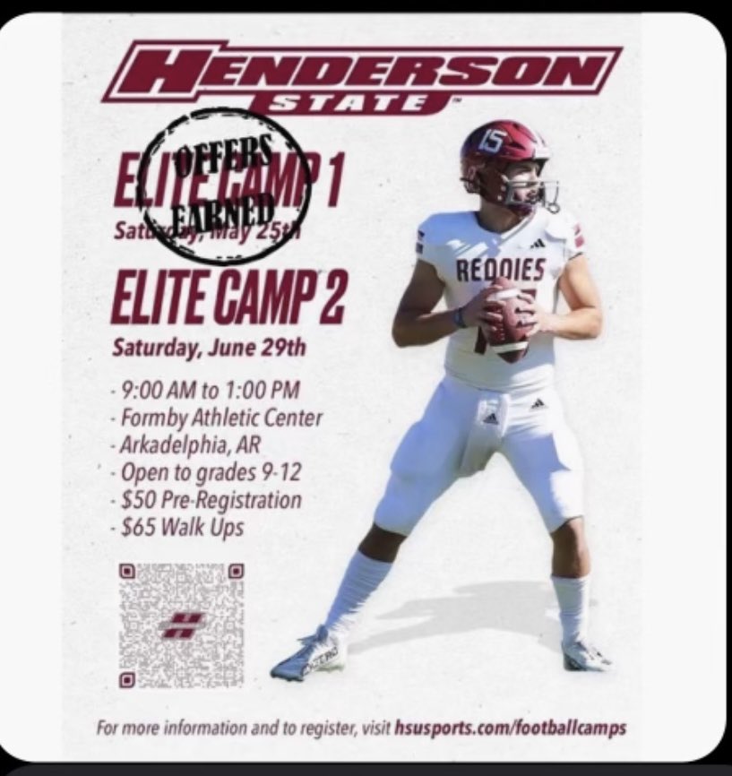 I’ll be attending the <a href="/ReddiesFB/">Henderson State Football</a> camp this weekend!!