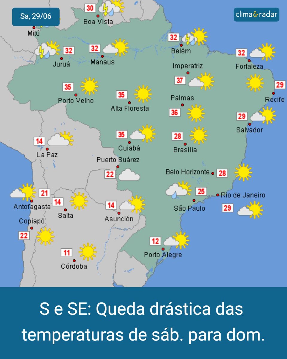 climaeradar's tweet photo. Este é o mapa mais atualizado 🌦 com a previsão do tempo simplificada para quinta-feira, dia 27 de junho de 2024. 🙌

Clima &amp; Radar Brasil:
👉 https://t.co/lF6FaWhIvM

#clima #Brasil #fds #climaeradar https://t.co/UGh2Aci4Zt