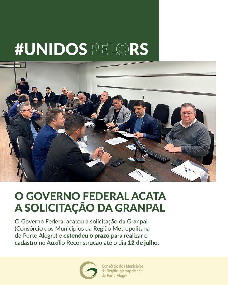 Granpalrs's tweet photo. 📢 Vitória para os municípios gaúchos!

O Governo Federal atendeu à solicitação da Associação dos Municípios da Região Metropolitana (Granpal) e prorrogou o prazo para cadastro no auxílio reconstrução até 12 de julho. https://t.co/BDTytwR2Ok