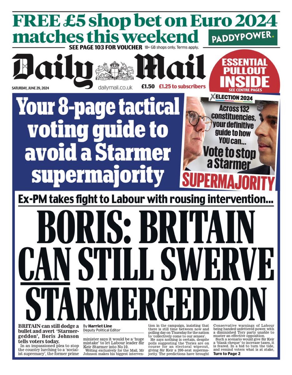 🚨 <a href="/BorisJohnson/">Boris Johnson</a> : Britain can still swerve Starmergeddon 

There is still time. 

The only poll that matters is the one on election day. 

Vote Conservative on Thursday. 

<a href="/DailyMailUK/">Mail+</a> #tomorrowspaperstoday