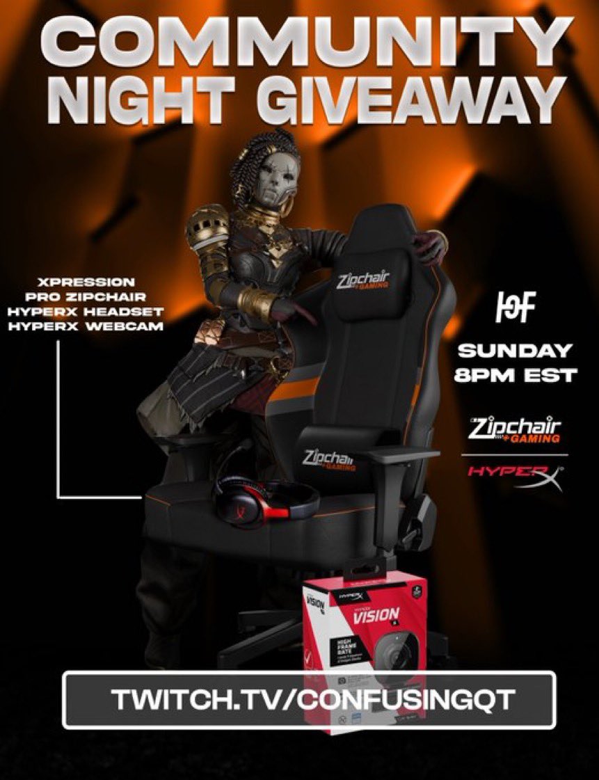 Tune in THIS SUNDAY for our HOF Community Night, and a chance to play Apex with our creators

We will be doing multiple giveaways for viewers during the event from our sponsors <a href="/Zipchair/">Zipchair</a> &amp; <a href="/HyperX/">HyperX</a>!

📺 - twitch.tv/ConfusingQT