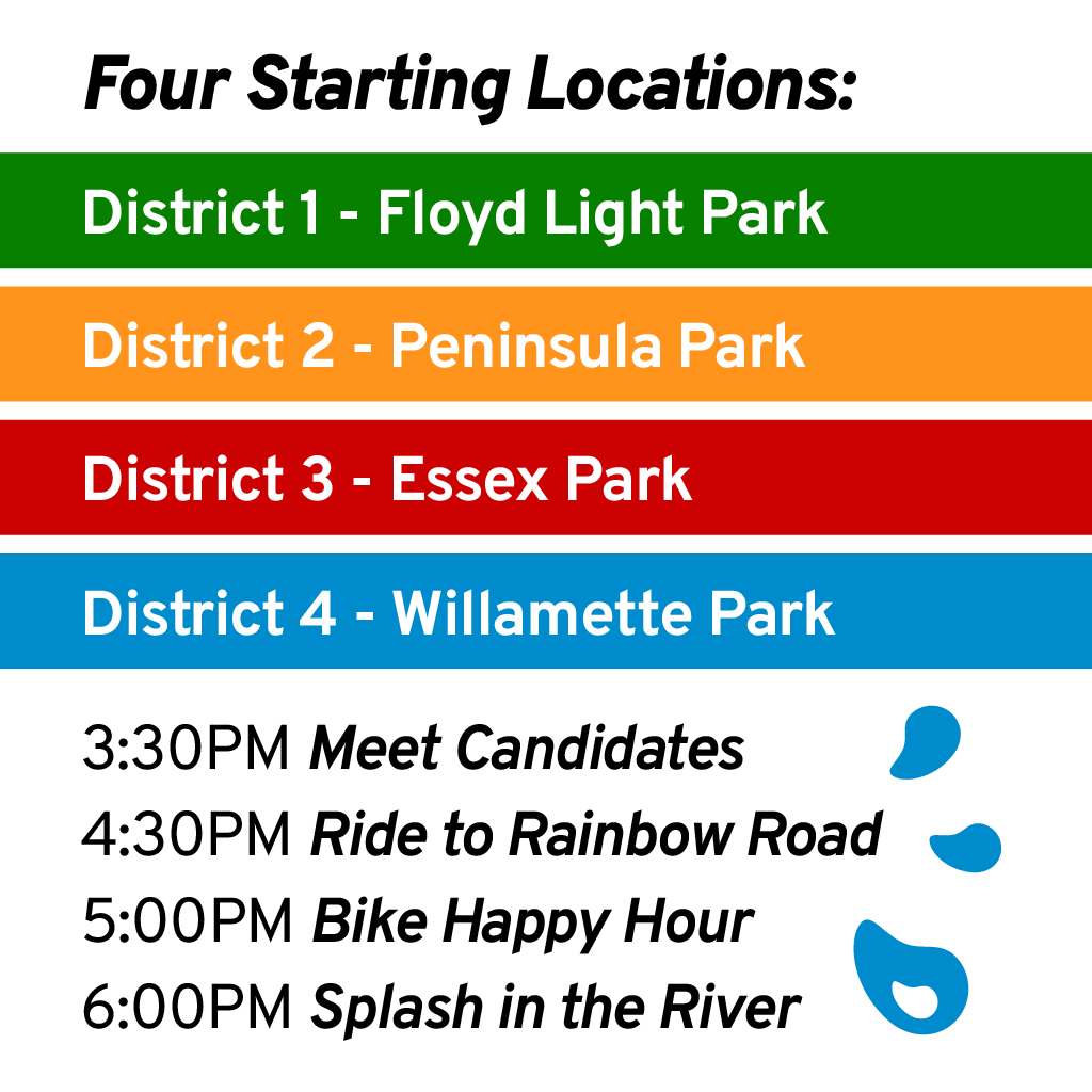 Join BikeLoud PDX, Human Access Project, and City Council Candidates in your district for the first ever Four Quadrant CANDIDATE Splash Ride!

Four feeder rides start at parks in each of the new voting districts. Meet and hear from your local candidates for City Council.