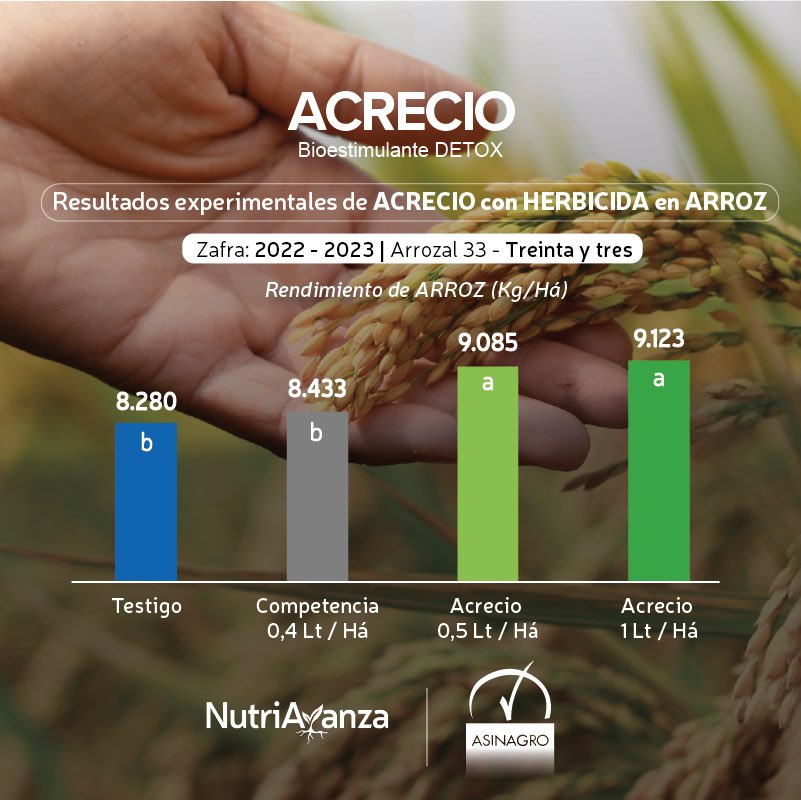 NutriAvanza (@nutriavanza) on Twitter photo También en #ARROZ 🌾🌾🌾
#Acrecio🇫🇷sigue demostrando sus buenos resultados! 🙌🏽
Compartimos ensayos exp de #ASINAGRO🇺🇾 con tratamientos de Acrecio con el #herbicida 2022 y a #semilla 2023
El mejor bioestimulante de Francia desarrollado en Uruguay #Nutriavanza <a href="/agroterrauy/">agroterrauy</a> También en #ARROZ 🌾🌾🌾
#Acrecio🇫🇷sigue demostrando sus buenos resultados! 🙌🏽
Compartimos ensayos exp de #ASINAGRO🇺🇾 con tratamientos de Acrecio con el #herbicida 2022 y a #semilla 2023
El mejor bioestimulante de Francia desarrollado en Uruguay #Nutriavanza <a href="/agroterrauy/">agroterrauy</a>