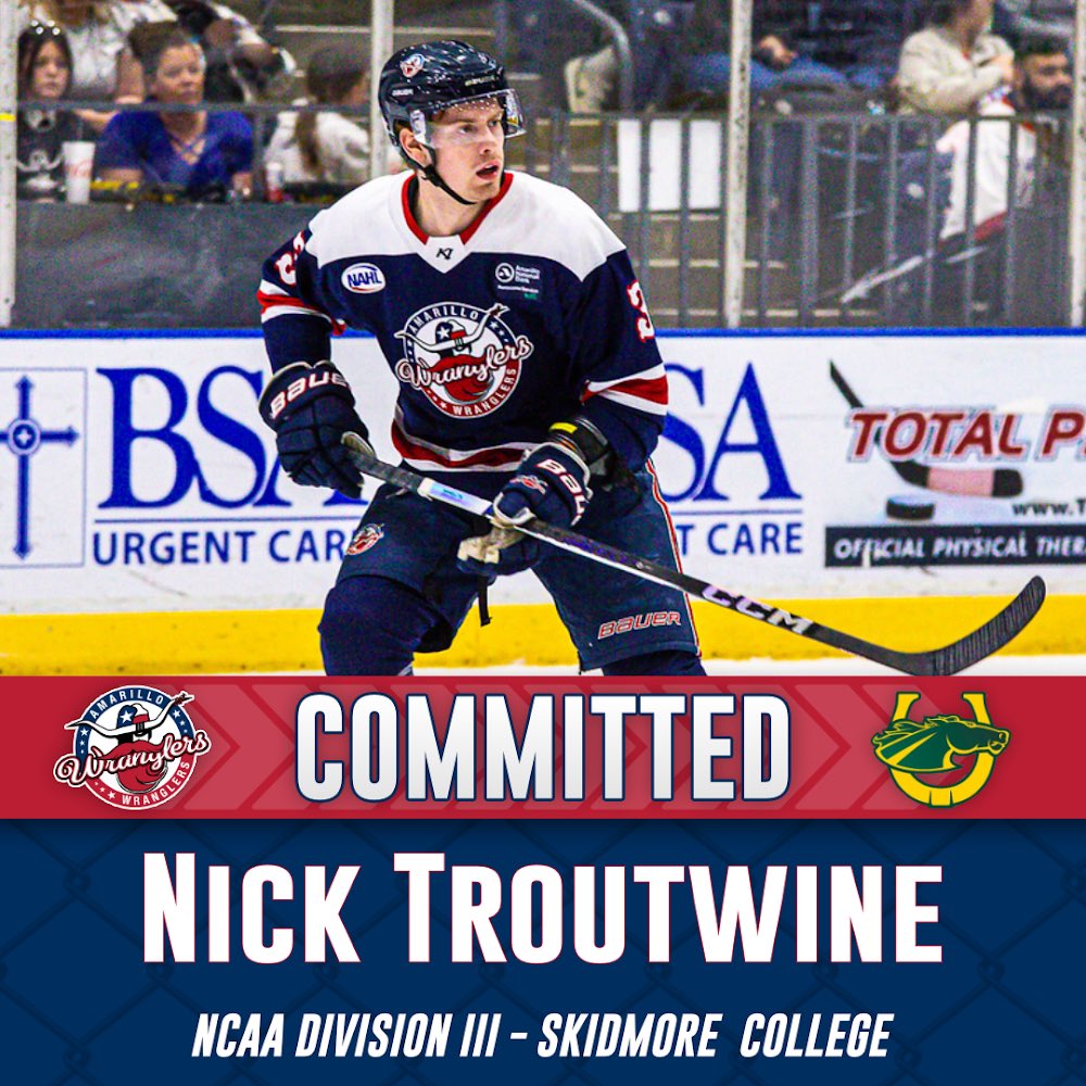 Nick Troutwine has committed to play NCAA Division III hockey at Skidmore College! 

With Amarillo, Troutwine had a career year with 2 goals and 8 assists for 10 points with a +4 rating. 

Read more about it here: amarillowranglers.com/nick-troutwine…

Congratulations, Nick!