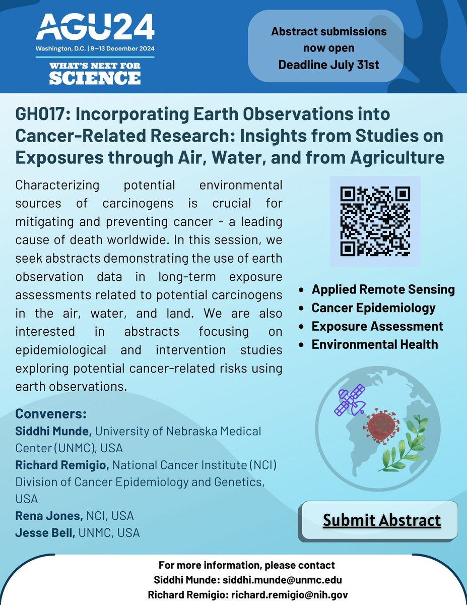 Planning on submitting a <a href="/AguGeohealth/">AGU_GeoHealth</a>  abstract to this year's <a href="/theAGU/">AGU (American Geophysical Union)</a>  meeting in Washington, DC? 
Submit an abstract to our session: Incorporating Earth Observations into Cancer-Related Research: Insights from Studies on Exposures through Air, Water, and from Agriculture!