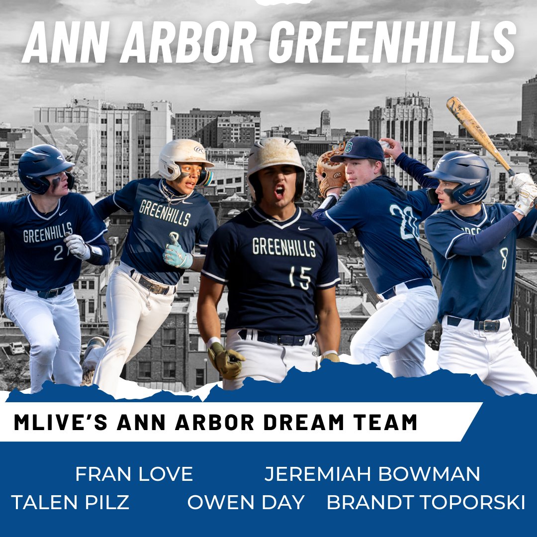After a historic season, Ann Arbor Greenhills had five players recognized on MLive's 2024 Ann Arbor Baseball Dream:

First Team:
INF Talen Pilz
OF Brandt Toporski
OF Owen Day
UTIL Fran Love

Honorable Mention:
INF Jeremiah Bowman