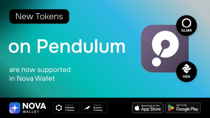 PolkadotSpace's tweet photo. ✨ @NovaWalletApp Now Supports New tokens on
@pendulum_chain!
✨ Users can now manage their $GLMR and $HDX tokens.
✨ #PendulumChain is a smart contract blockchain network connecting fiat rails to the decentralized finance ecosystem.
⬇️Visit Here:
https://t.co/0u6lG6ycOU https://t.co/obEC2L2bb3