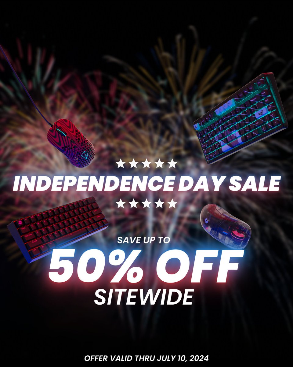 GhostKeyboards's tweet photo. 🎆 Celebrate Independence Day with Ghost Keyboards! Save up to 50% sitewide on premium gaming gear, including mechanical keyboards, mice, mousepads, keycaps, and gaming chairs. 🥳 Hurry, this incredible sale is valid through July 10, 2024, only at https://t.co/PqNVr6vwCJ!

https://t.co/K7HHIxFZp8

#IndependenceDaySale #FourthofJuly #GhostKeyboards