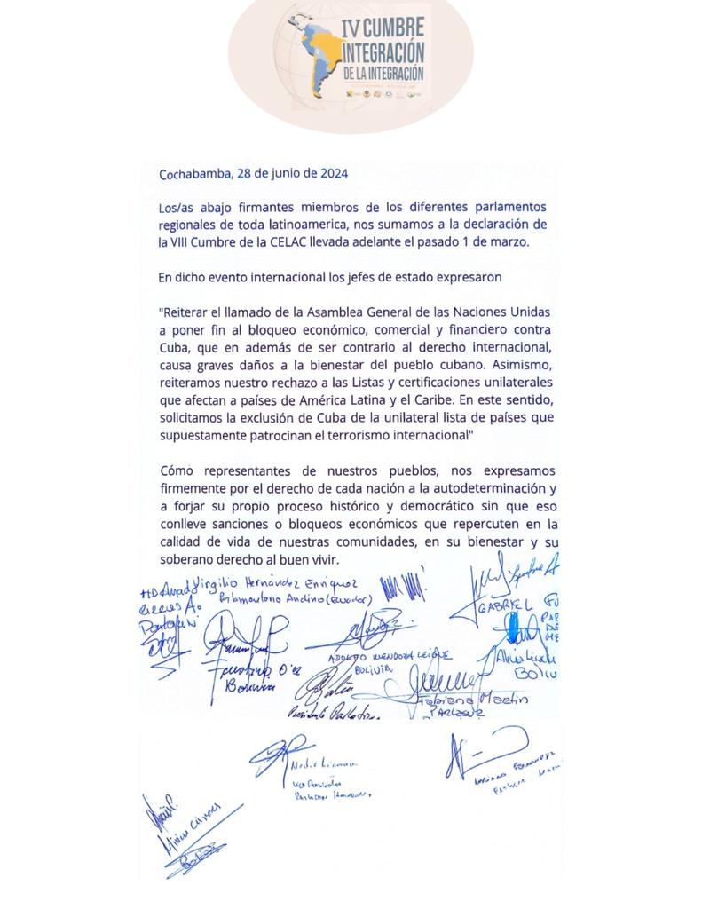 Parlamentos regionales de Latinoamérica respaldan Declaración de CELAC respecto al llamado a poner fin al bloqueo impuesto por el Gobierno de Estados Unidos contra Cuba y a la exclusión de nuestro país de la unilateral lista de naciones que supuestamente patrocinan el terrorismo.