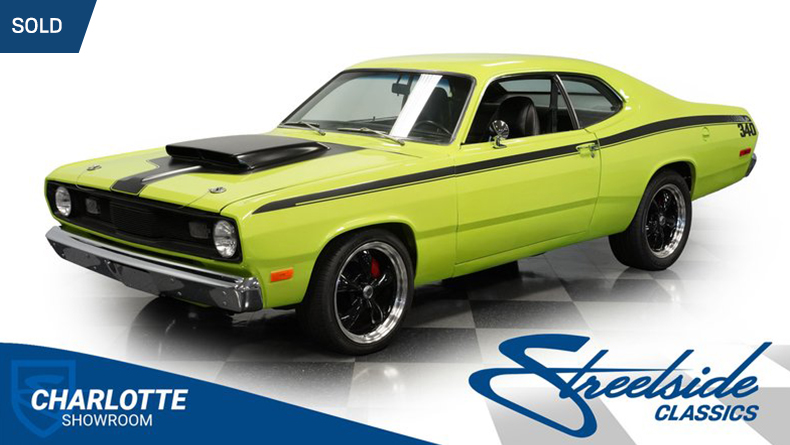 #SoldItWithStreetside! This 1972 #Plymouth #Duster #Restomod features a 340 #V8 teamed with a 5-speed manual transmission. Cars are selling at Streetside! Have a vehicle for sale or know someone who does? Send us a message or contact us at streetsideclassics.com/sell-my-classi…