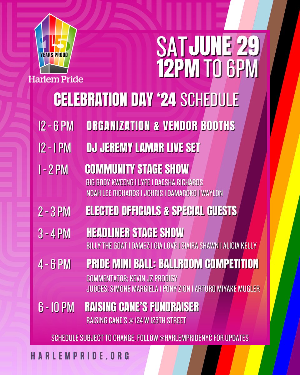 Y’all it’s TIME 
we are less than 24 hours away from CELEBRATING 15 years of HARLEM PRIDE! 
You Don’t want to miss this Celebration!
Here’s tomorrow’s line-up

⁠Come check out your favorite artist, vendors, food vendors, organizations, HOST, COMMUNITY &amp; all festivities LGBTQ+