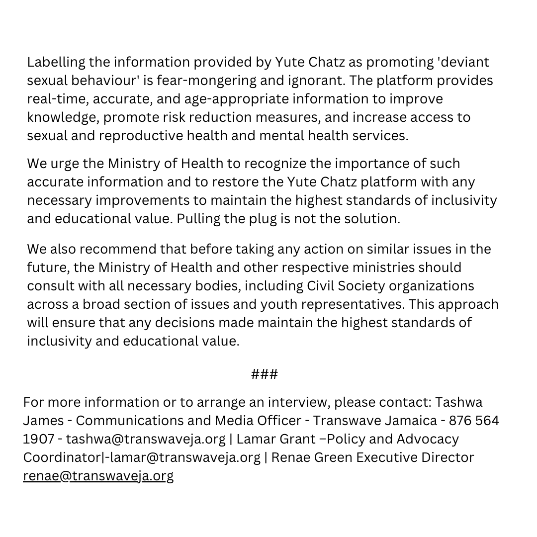 TransWaveJA's tweet photo. TransWave Jamaica is deeply concerned about the suspension of the Yute Chatz chatbot. This decision is a setback for sexual health education and support for young people, denying them access to critical, inclusive information. #RestoreYuteChatz #TransWaveJA https://t.co/MHO3GLuDEP