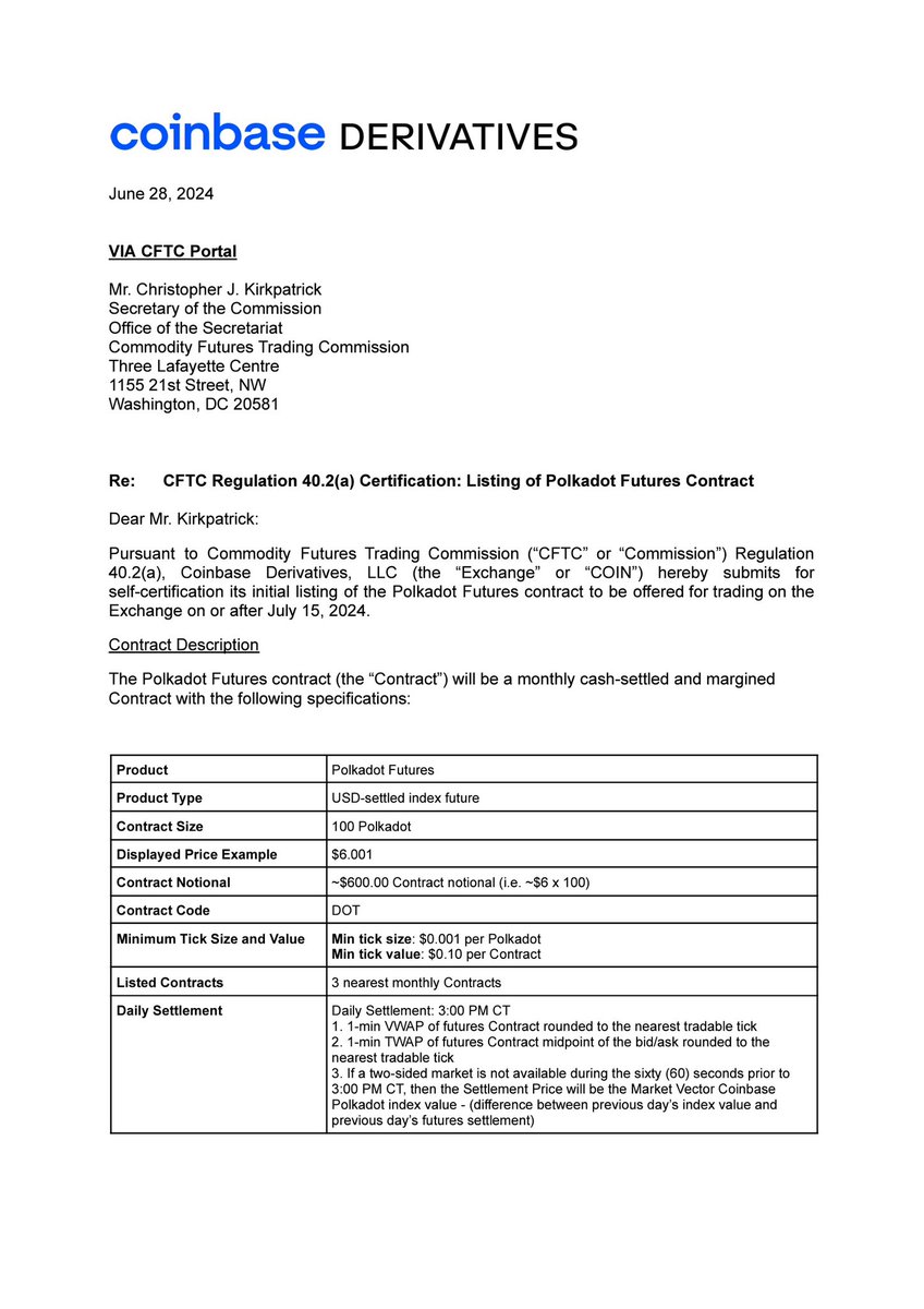 0xgoku_'s tweet image. 𝐂𝐨𝐢𝐧𝐛𝐚𝐬𝐞 Derivatives has filed with the CFTC to offer US-regulated 𝐟𝐮𝐭𝐮𝐫𝐞𝐬 𝐜𝐨𝐧𝐭𝐫𝐚𝐜𝐭𝐬 𝐟𝐨𝐫 𝐃𝐎𝐓.

𝘧𝘶𝘵𝘶𝘳𝘦𝘴 𝘤𝘰𝘯𝘵𝘳𝘢𝘤𝘵𝘴 -&amp;gt; 𝘧𝘶𝘵𝘶𝘳𝘦𝘴 𝘌𝘛𝘍 -&amp;gt; 𝘴𝘱𝘰𝘵 𝘌𝘛𝘍