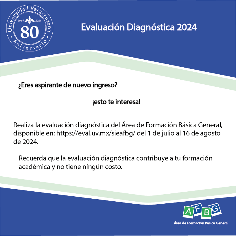 AFBG_UV's tweet photo. ¿Eres aspirante de nuevo ingreso?
Realiza la evaluación diagnóstica del Área de Formación Básica General, disponible en: https://t.co/2MnDm8bCEG del 1 de julio al 16 de agosto de 2024. 
La evaluación diagnóstica contribuye a tu formación académica y no tiene ningún costo. https://t.co/ANtx84pUbN