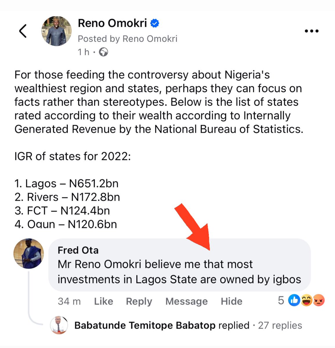 renoomokri's tweet photo. Dear Fred, 

Thank you for your feedback. Well, you may be correct. But why don't we let the facts guide us? It is a fact that Lagos State has an internal GDP of roughly $100 billion. It is a fact that of that amount, the Dangote Refinery accounts for $19 billion. Other Dangote Group assets account for another $3 billion. It is also a fact that Abdulsamad Rabiu's group of companies accounts for another $2.5-3 billion. Dr. Mike Adenuga's investments in Lagos total $1.5 billion. 

Then you have private sector investment totalling $4 billion at the Lekki Free Trade Zone and Lekki Port under Lekki Port LFTZ Enterprise Limited, of which the owners are from the Southwest, Northwest and foreign expatriates.

Then there are Flutterwave, with a $3 billion market capitalisation, and Angela, with a market cap of $1.5 billion. 

Then you have Nestlé, Nigerian Breweries, Nigerian Bottling Company, Guinness Nigeria, now owned by Tolaram of Singapore, Lafarge Africa Plc (owners of West African Portland Cement company), the Elizade Group, Honeywell Flour Mills, AICCO, Leadway Insurance, the Yinka Folawiyo Group, Nestoil, Forte Oil, and Oando, which have a combined worth of $15 billion. 

Now, Fred, I just listed more than 50% of Lagos's GDP, and as much as we love and appreciate you, our brothers and sisters from the Southeast, not one person from that geopolitical zone is included. 

As such, do you still stand by your assertion that "most investments in Lagos are owned by Igbos"? It may be that I have the wrong data set, and you have more accurate data. In which case, can you please help me update my knowledge by providing data to substantiate your assertion? 

Thanks again, and may God bless you. 

#TableShaker