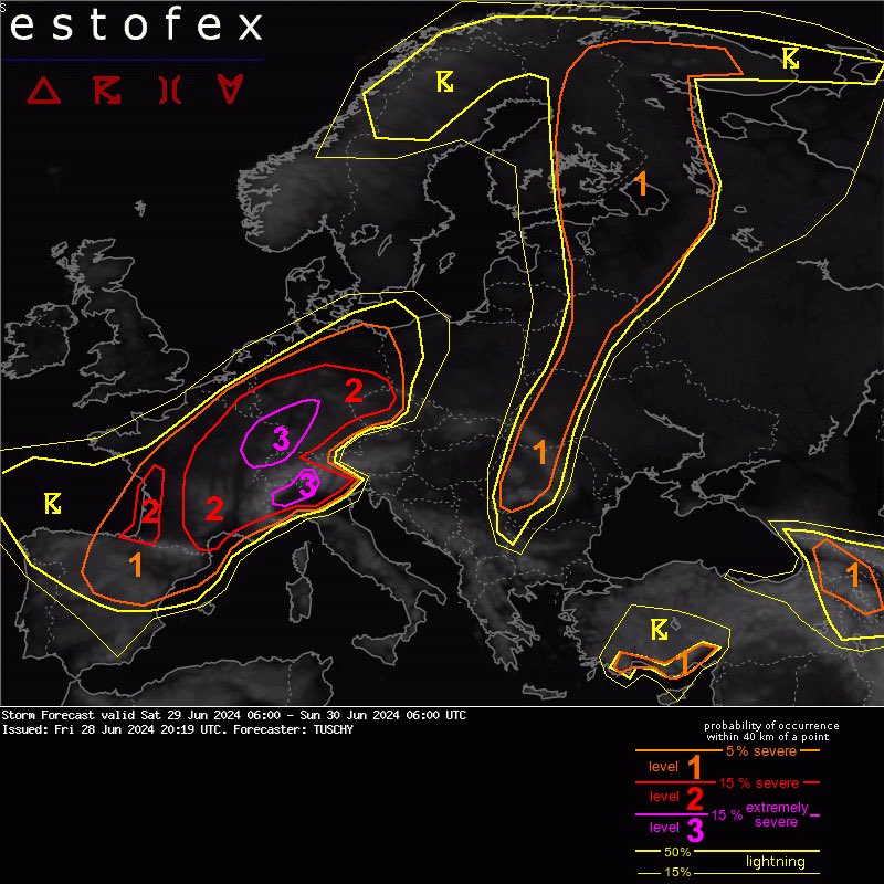 Risk of severe weather in parts of Europe tomorrow with damaging hail and thunderstorms. Especially in parts of Germany that could impact #EURo2024