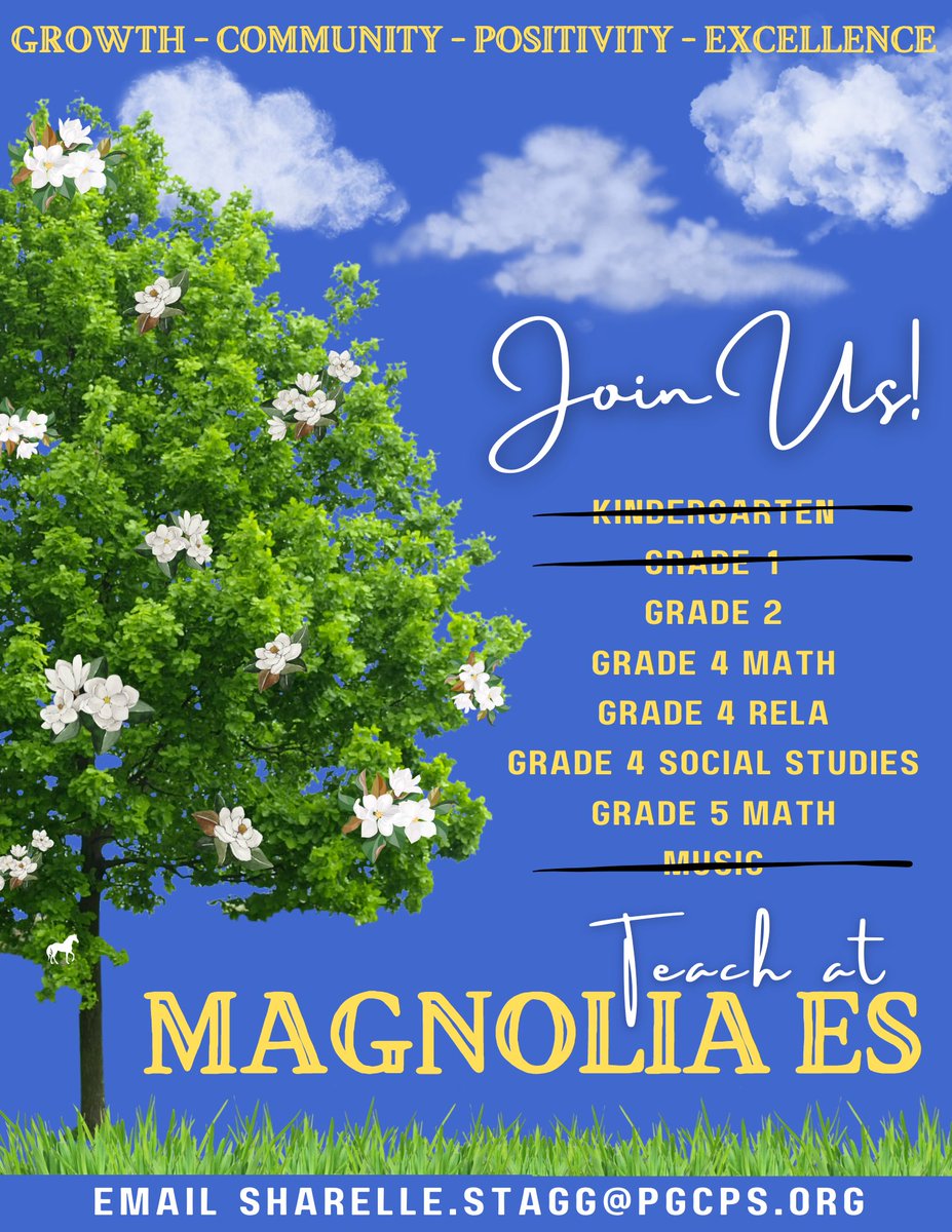 Anyone looking for a new school home for SY24-25? We have a few openings left for educators looking to join a positive and student-centered family! 

Email Principal Stagg to schedule an interview and <a href="/Magnolia_PGCPS/">Magnolia Mustangs - PGCPS</a> school visit.