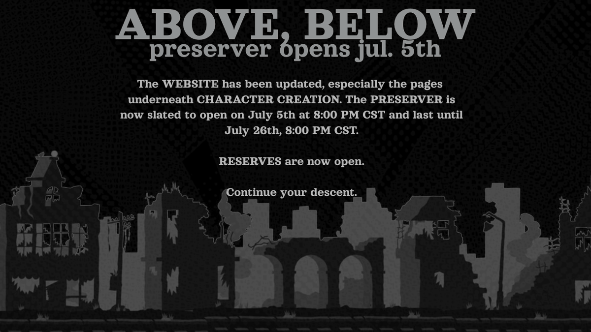 19+ | HORROR | DUNGEON DIVING | EXPLORATION | TTRPG ELEMENTS | OPTIONAL PERMADEATH

PRESERVER OPENS JULY 5TH @ 8 PM CST.

WEBSITE: bit.ly/45aWp8u
RETROSPRING: bit.ly/4bKA4Bi
RESERVES: bit.ly/3XFlfvD