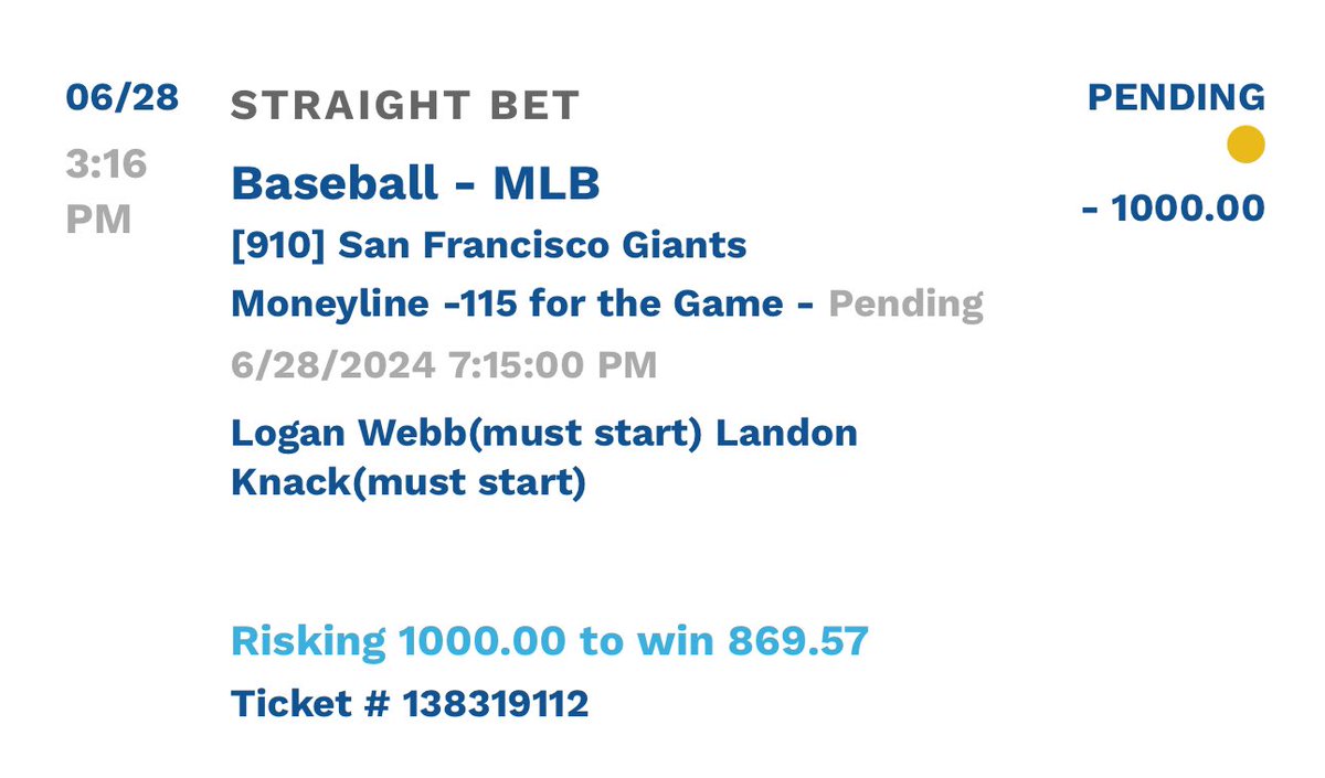 pardonmypick's tweet image. SENDING TODAYS $2000 MAX WHALEPLAY 🐳🐳🐳 TO A FEW THAT RETWEET/LIKE ‼️

$1000 1U MLB FREEPLAY ⚾️

GIANTS ML -115

DROP A LIKE IF UR TAILING!!! 🔥🔥🔥