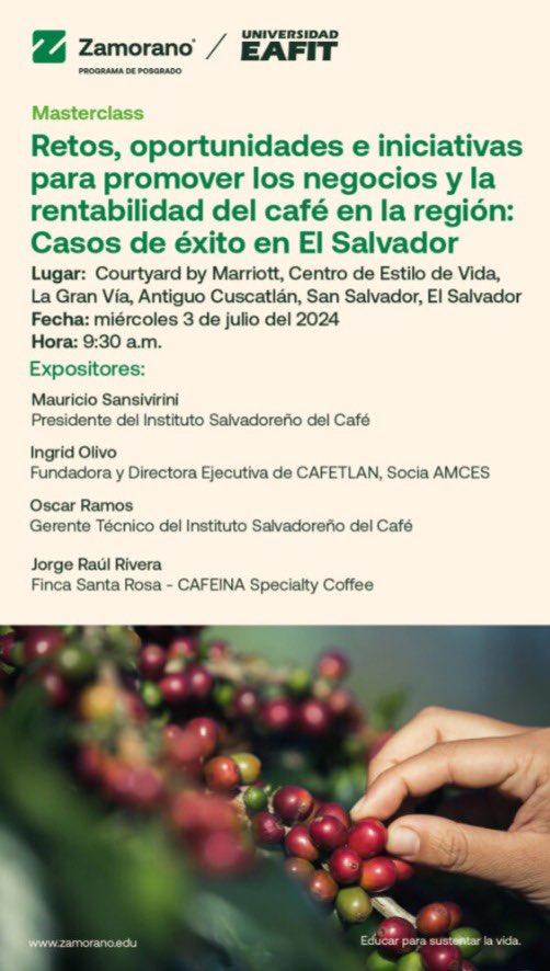 ¡Descubre los retos, oportunidades e iniciativas para promover los negocios y la rentabilidad del café en la región! Conoce casos de éxito en El Salvador. ¡No te lo pierdas! Inscríbete gratuitamente aquí. 🌱☕️👇🏻info.zamorano.edu/masterclass-ca…
