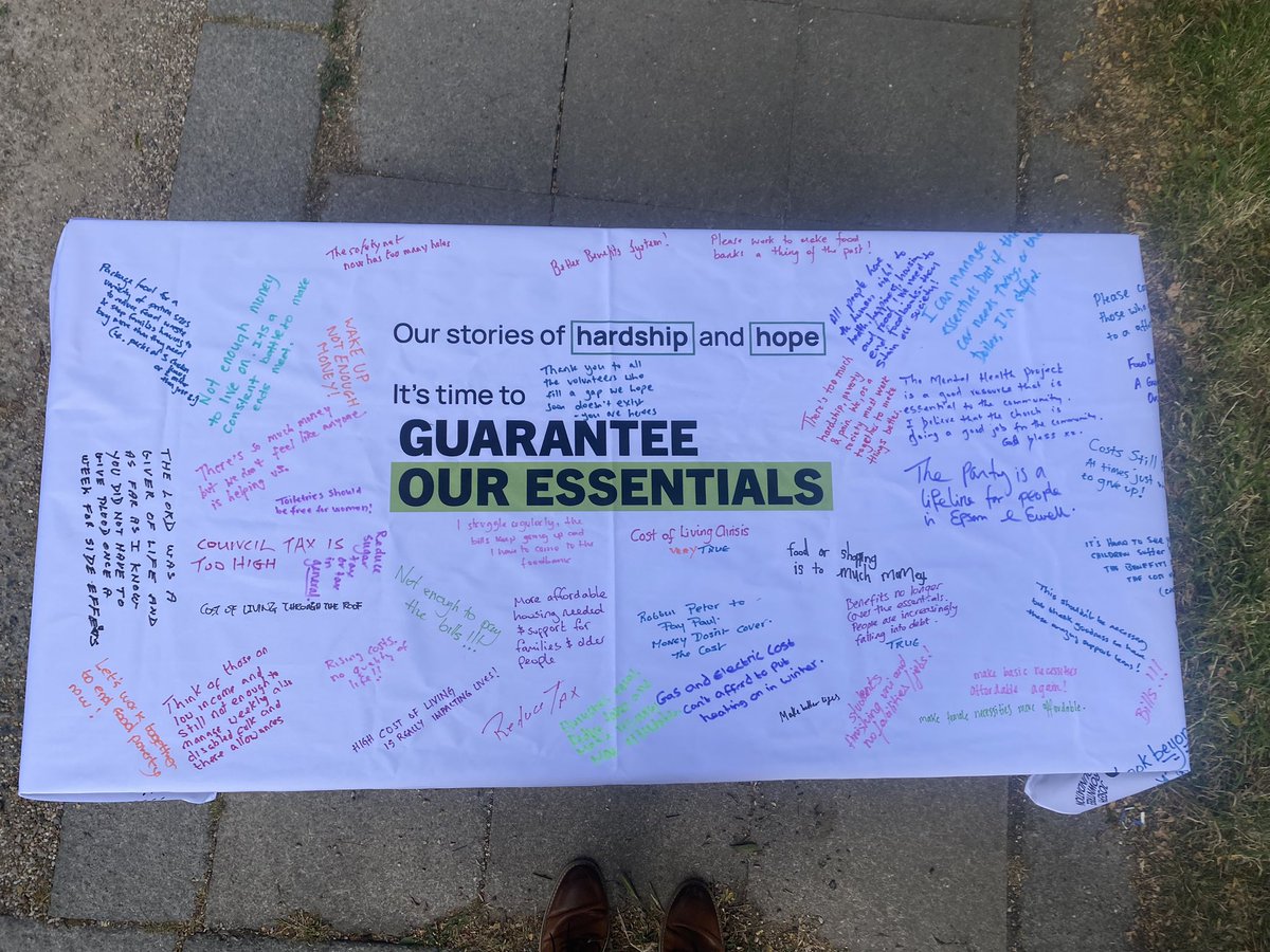 A really moving afternoon at the Epsom &amp; Ewell food bank. Comments were left on a tablecloth by people who use the food bank as well as volunteers and candidates standing for MP.

Thank you for the amazing service of all the food bank volunteers.