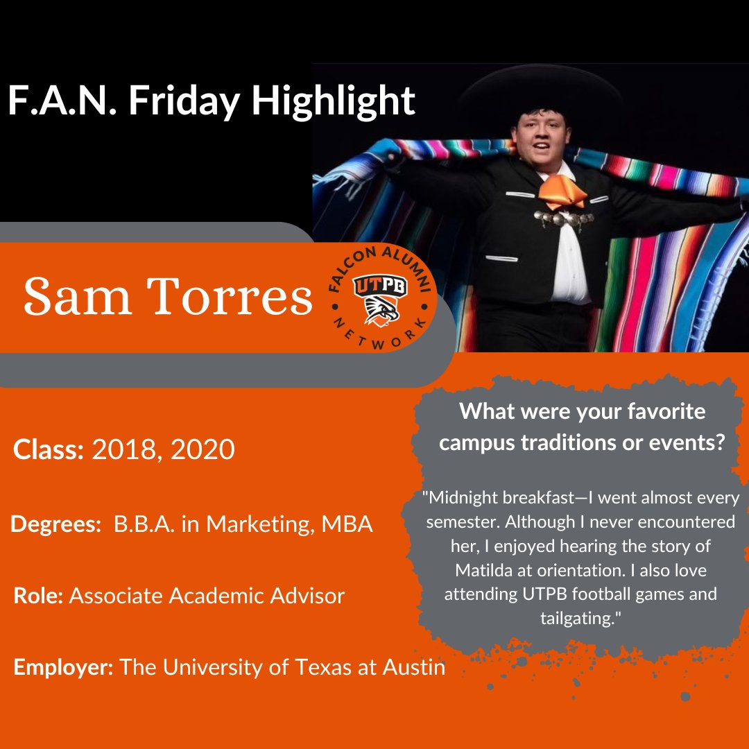 Join us in celebrating Sam Torres, an Associate Academic Advisor at The University of Texas at Austin. 

His journey at UTPB was marked by involvement in Ballet Folklorico, Student Senate and cherished campus traditions!  

Read the full story at the link in our bio!  #FalconsUp