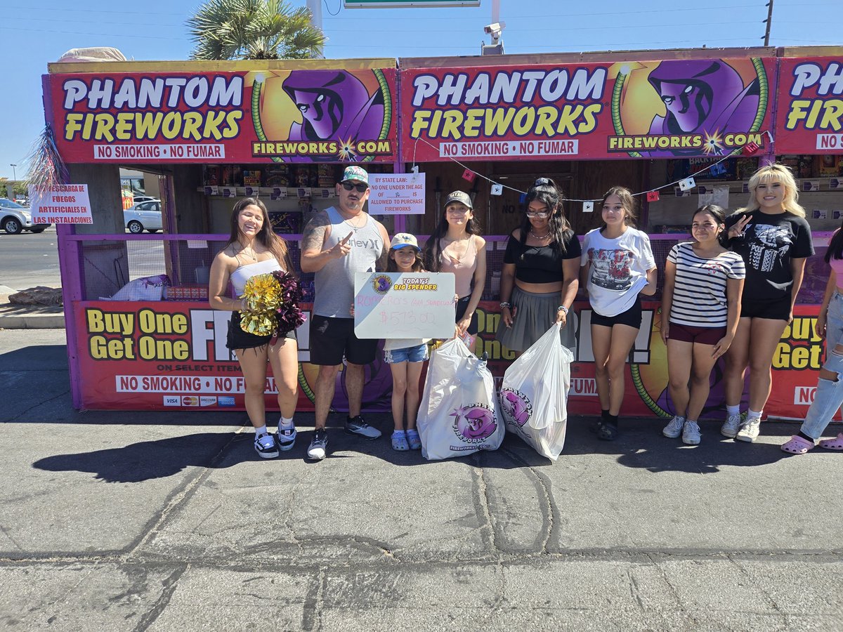 Thank you to the Romero Family! You are our 1st Sell and our #bigspender for the day at $573.00. Who will be our next customer. We are located at Charleston/Sloan in the Sunrise Food Mart parking lot. Come by our #PHANTOMFIREWORKS BOOTH!