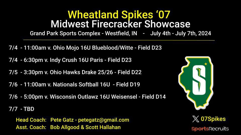 Wheatland Spikes Premier 18u (@spikes18uprem) on Twitter photo Another few days to prepare ahead of the Midwest Firecracker Showcase in Westfield, Indiana. Excited to get this group back on the field. <a href="/WheatlandSpikes/">Wheatland Spikes Softball</a> Another few days to prepare ahead of the Midwest Firecracker Showcase in Westfield, Indiana. Excited to get this group back on the field. <a href="/WheatlandSpikes/">Wheatland Spikes Softball</a>