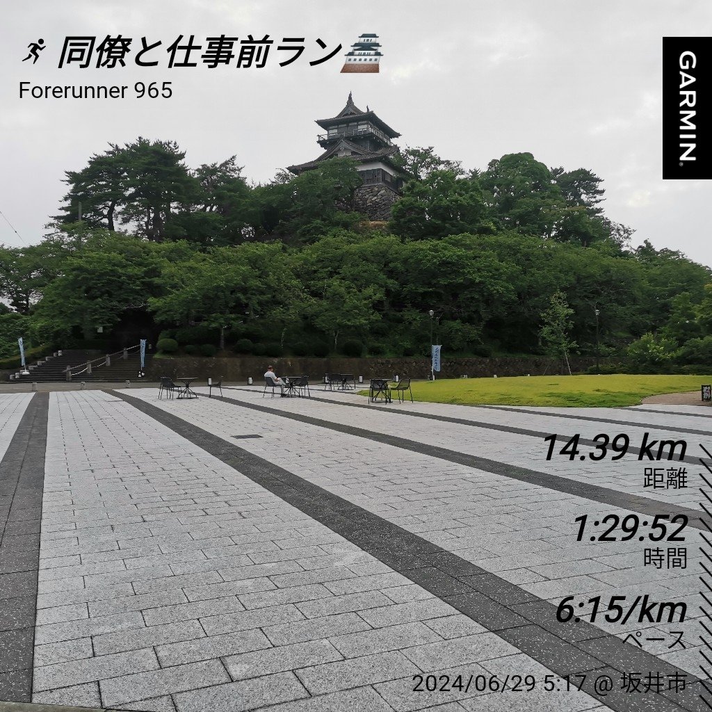 sai_JB23's tweet photo. トレーニング記録No.63
おはようございます☁
週末恒例の同僚との愚痴話しラン👍今日は天気下り坂なので雲は厚めです😅明日の花はすマラソンは雨の中走る事になりそう☔
暑いよりはマシと前向きに考えておこうっと！
さて、一服して仕事行ってきます🚙

#丸岡城 https://t.co/P9vT6a4WSZ