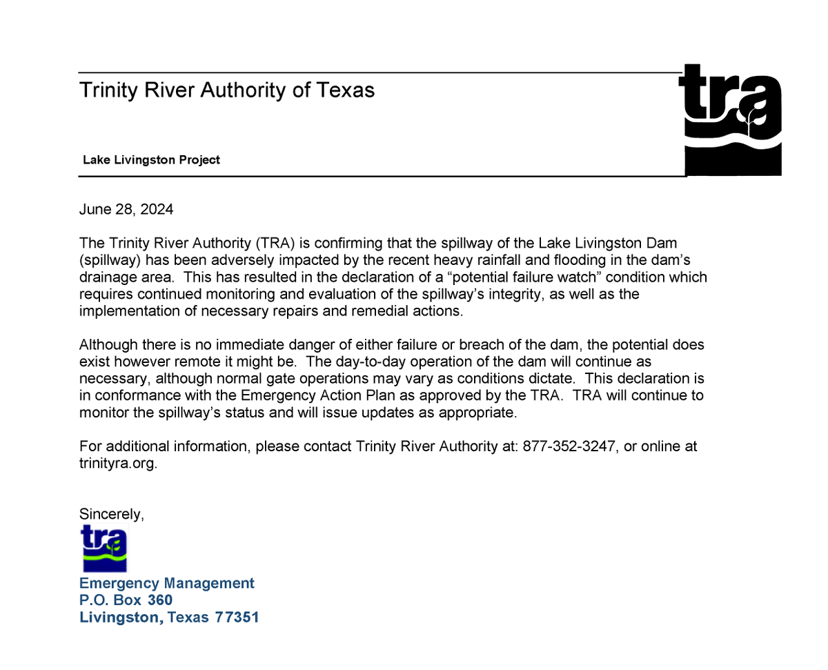 TRAofTexas's tweet photo. IMPORTANT: A Message for People Who Live Near the @LivingstonDam https://t.co/48zA0HMjJg