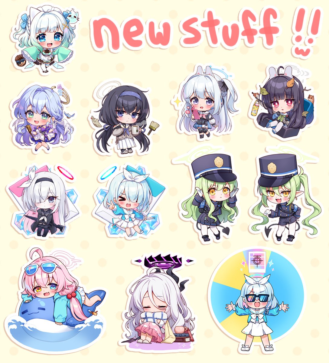 アロナ(ブルアカ) ,空崎ヒナ(ブルアカ) ,ホシノ(ブルーアーカイブ) ,月雪ミヤコ ,霞沢ミユ(ブルアカ) ,プラナ(ブルアカ) ,古関ウイ(ブルアカ) 「New merch drop is live!!~ Closes 7/12 Pl」|moorina 🧸 Kawaiikon 620のイラスト