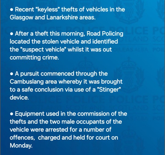 PSOSRoads's tweet photo. #KeepingPeopleSafe
#GlasgowRP & #LanarkshireRP put a stop to the misery the occupants of this car were inflicting on people this morning. We brought their "crime spree" to an end and they are now spending the weekend with us in a #RoomWithNoView
⬇️Details Below⬇️
#TeamWork https://t.co/qBVW4wSvzQ
