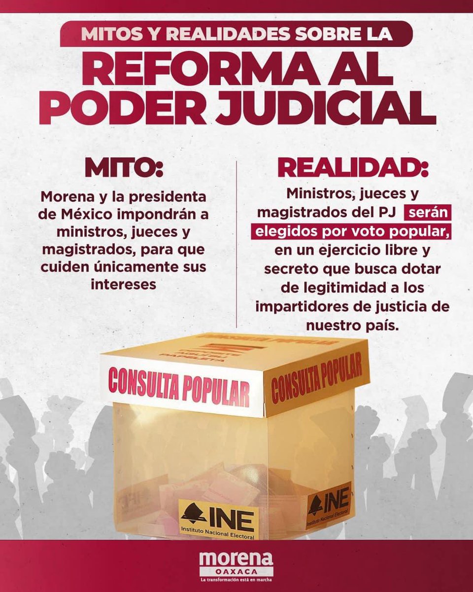 En México, el pueblo es protagonista de la transformación. 

Entérate de los mitos y realidades sobre la reforma al #PoderJudicial.