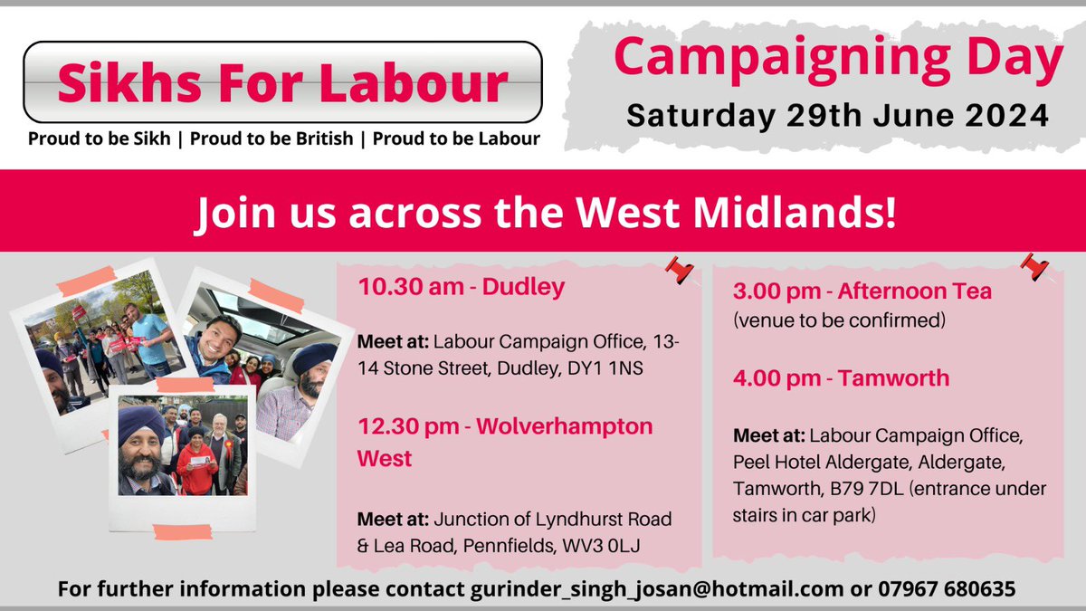 Join us on our Sikhs for Labour West Midlands Campaign Day

Saturday 29 June
🌹10.30 Dudley
🌹12.30 Wolverhampton West
🌹16.00 Tamworth