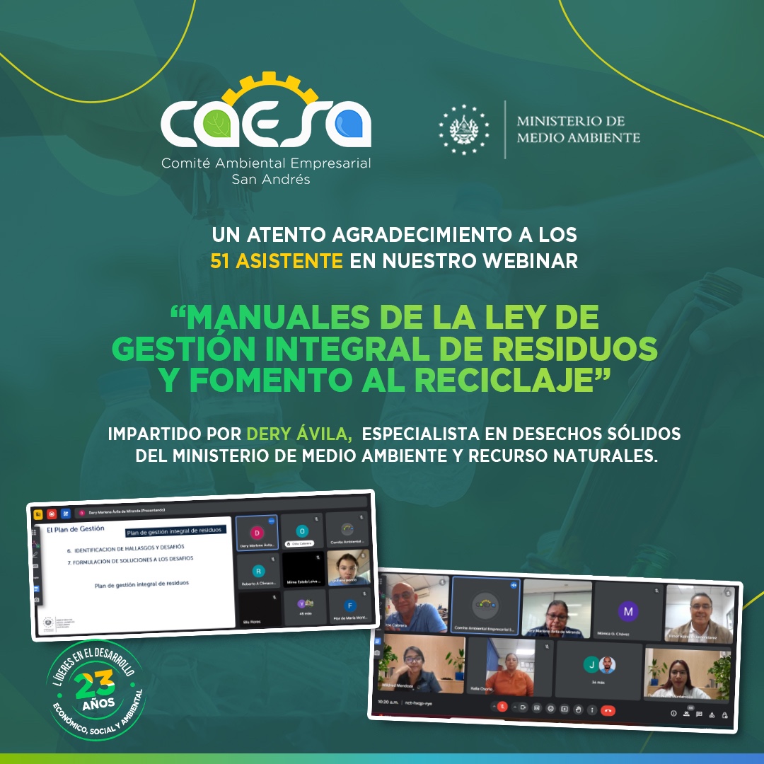 CAESA_sv's tweet photo. 👩‍🏫Llevamos a cabo nuestro segmento Acercando Soluciones a través del webinar ♻️“Manuales de la Ley de Gestión Integral de Residuos y Fomento al Reciclaje” impartido por la Ingeniería Dery Ávila, Especialista en Desechos Sólidos del Ministerio de Medio Ambiente y Recurso Naturales https://t.co/CUmxHzppIm