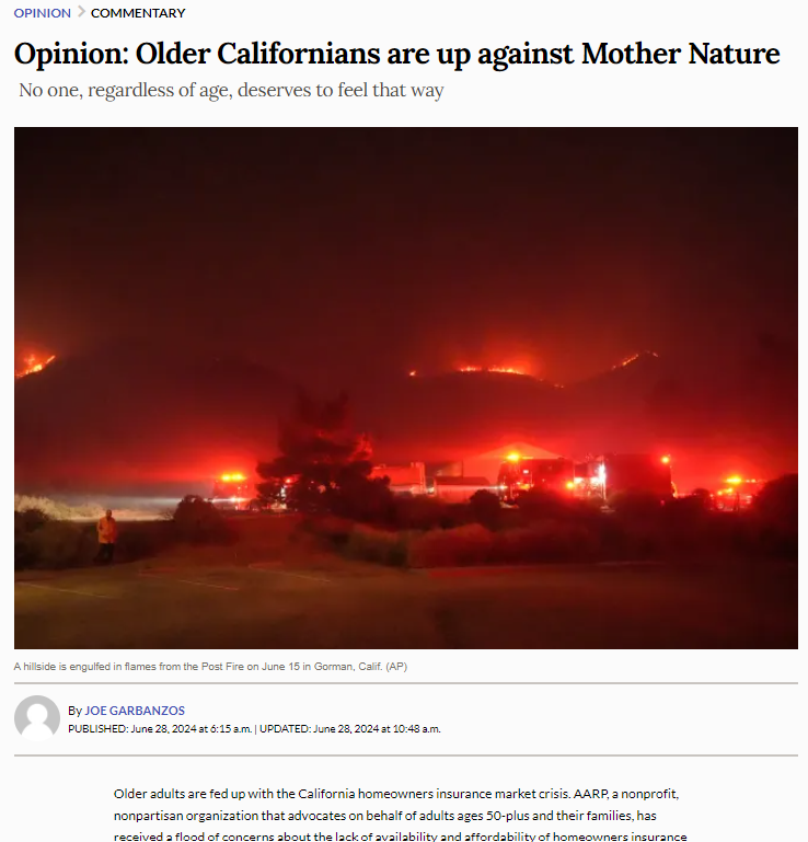 AARPCA's tweet photo. (NEW) "Opinion: Older Californians are up against Mother Nature" - commentary on the state's homeowners insurance crisis by @AARPCA Volunteer State President, @garbanzj.

Read the full story at @SDUT: https://t.co/SX0FL0ui4t. https://t.co/SZWwOcyvI1