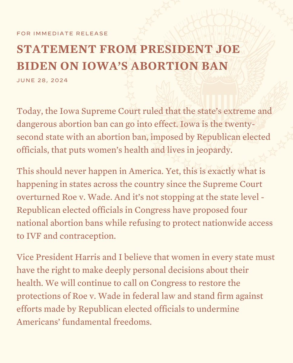 Today, the Iowa Supreme Court ruled that the state’s extreme abortion ban can go into effect.

That means Iowa is now the twenty-second state with an abortion ban imposed by Republican elected officials, putting women’s lives in jeopardy.

This should never happen in America.