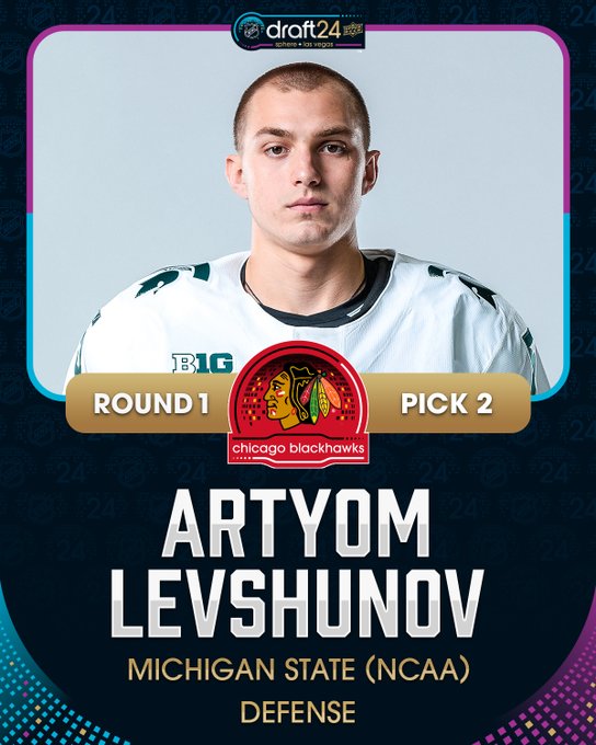 Top: The 2024 NHL Draft logo. Below that is a head shot of Artyom Levshunov. Below that in white text on a gold bar, "Round 1, Pick 2". The Chicago Blackhawks 2024 Draft logo is in the middle. 

Bottom: In large white text on a black background, "Artyom Levshunov". Below that in smaller gold text, "Michigan State (NCAA) Defense". 