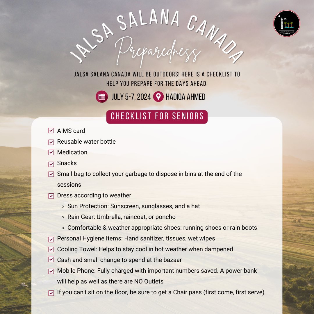 LajnaCanada's tweet photo. Jalsa Salana Canada will be at πHadiqa Ahmad!
Here is a checklist for senior members to prepare for next weekend πππͺͺ
#jalsacanada #jalsasalanacanada #jalsasalanacanada2024 #jalsapreparation https://t.co/890HZU5Mhb