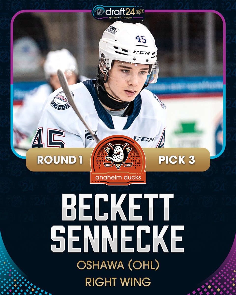 NHL (@nhl) on Twitter photo THE NEWEST DUCK 🦆
With the third overall pick, the <a href="/AnaheimDucks/">Anaheim Ducks</a> select forward Beckett Sennecke! #NHLDraft THE NEWEST DUCK 🦆
With the third overall pick, the <a href="/AnaheimDucks/">Anaheim Ducks</a> select forward Beckett Sennecke! #NHLDraft