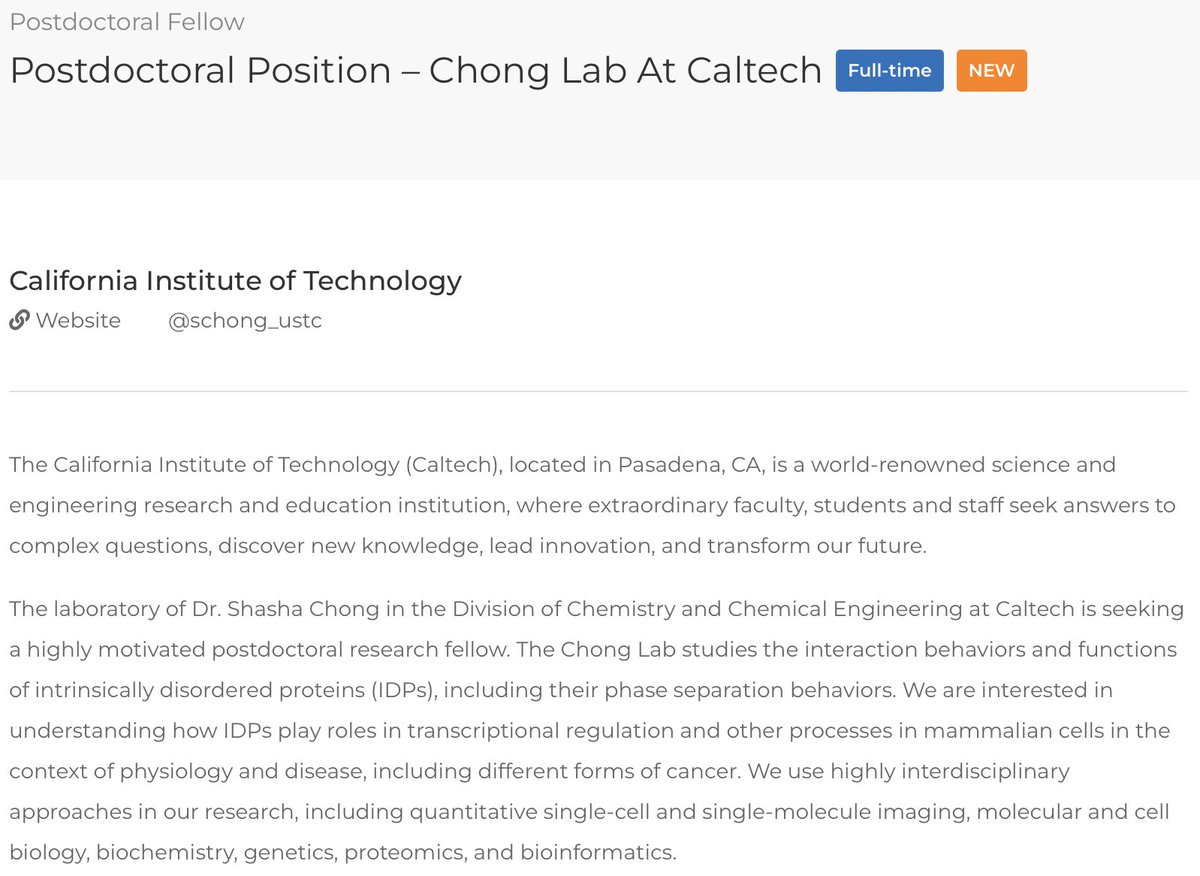 Shasha Chong (@schong_ustc) on Twitter photo My lab <a href="/CaltechCCE/">Caltech Chemistry & Chemical Engineering</a> is #hiring! Looking for a postdoc to join us in sunny Pasadena and tackle questions related to IDPs, phase separation, and transcriptional control in the context of physiology and disease. Please RT. Details and how to apply: jobrxiv.org/job/california… My lab <a href="/CaltechCCE/">Caltech Chemistry & Chemical Engineering</a> is #hiring! Looking for a postdoc to join us in sunny Pasadena and tackle questions related to IDPs, phase separation, and transcriptional control in the context of physiology and disease. Please RT. Details and how to apply: jobrxiv.org/job/california…